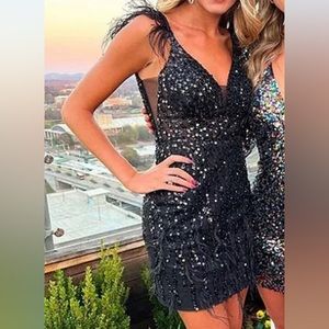 Dillards Black beaded feather v-neck mini dress (homecoming)